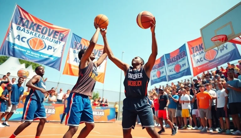 Action-packed scene of players training at Takeover Basketball Academy, focusing on skill development.
