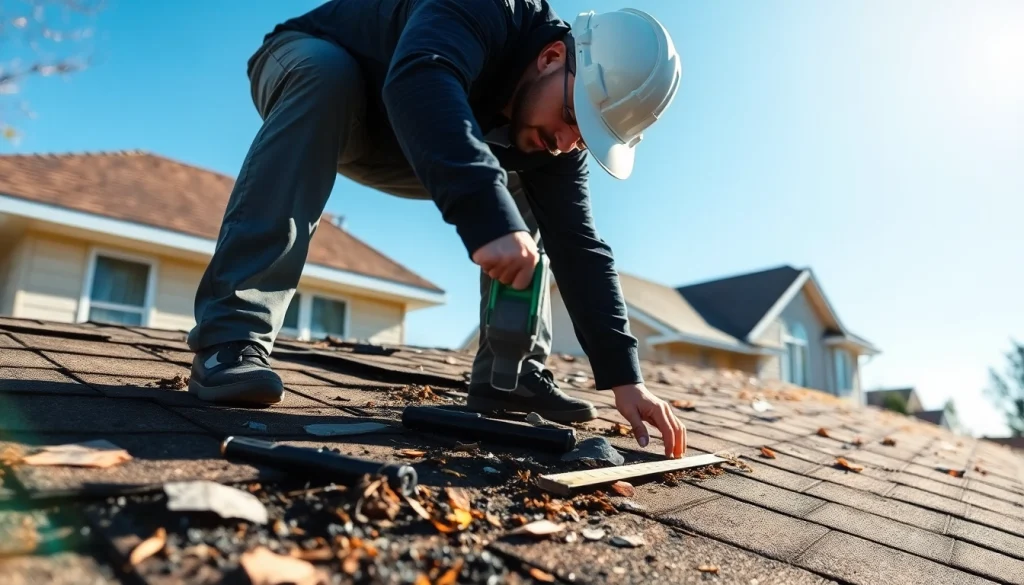 Contractor assessing roof damage to provide insurance roofing claims help for homeowners.