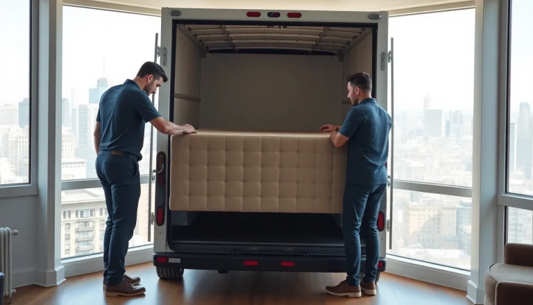 Best movers nyc team expertly packing in stylish NYC apartment setting with city skyline.