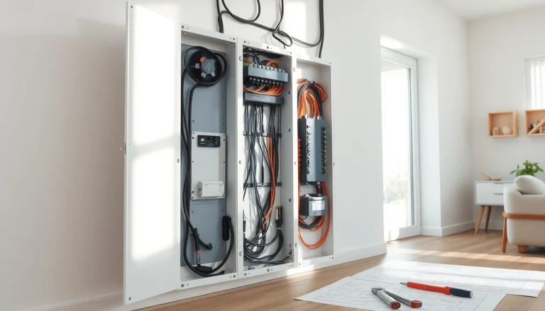 Showcasing an electrical panel with detailed wiring and design features in a modern home environment.