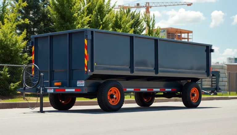 Showcase a durable dumpster trailer for sale with robust features against a construction backdrop.