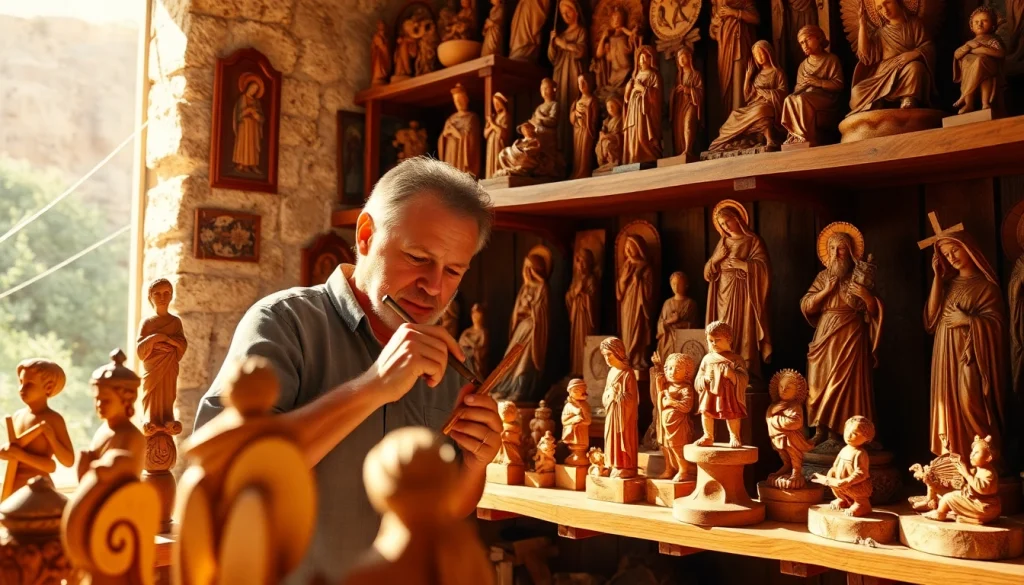 Handcrafted olive wood carvings displayed in a serene workshop environment.