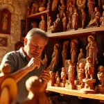 Handcrafted olive wood carvings displayed in a serene workshop environment.