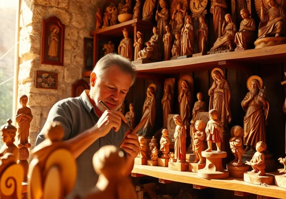 Handcrafted olive wood carvings displayed in a serene workshop environment.