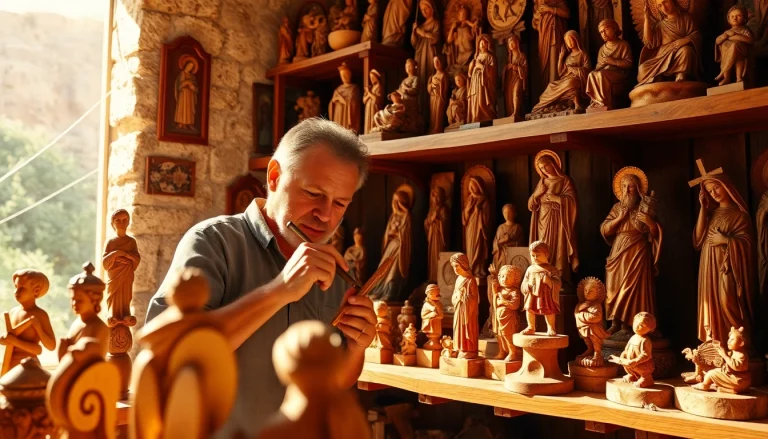 Handcrafted olive wood carvings displayed in a serene workshop environment.