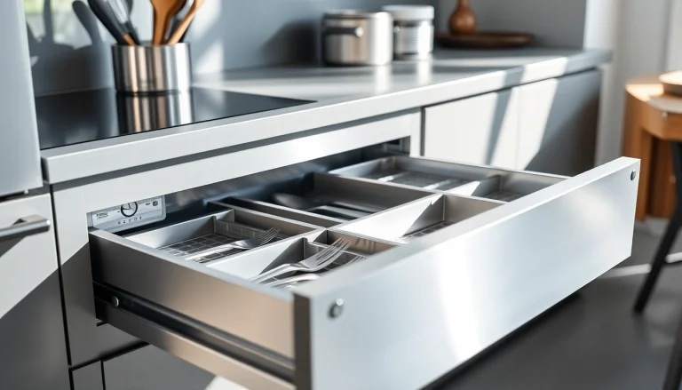 Showcase of a Metal Drawer System highlighting organization in a modern kitchen.
