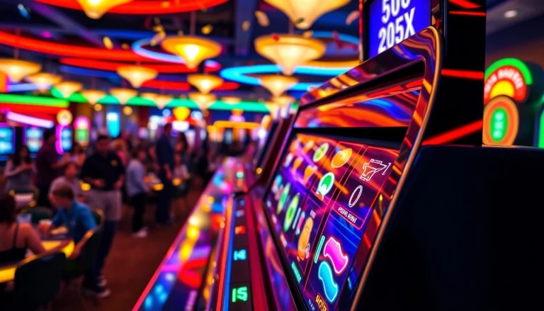 Permainan slot game dengan tampilan mesin yang menarik di kasino penuh warna.
