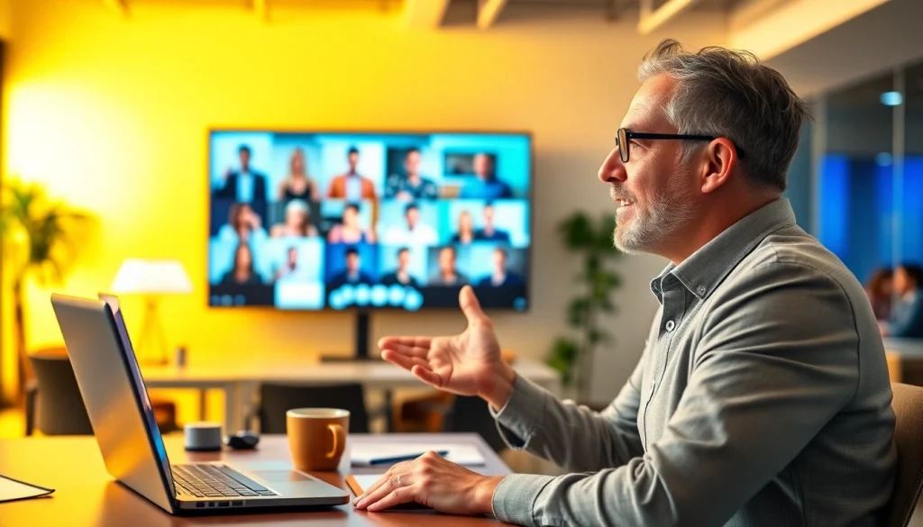 Engaging presentation using a Perfect Webinar Script with a professional speaker in a bright office.