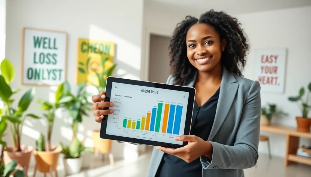 Presenting a chart for weight loss on a digital tablet in a vibrant office setting.