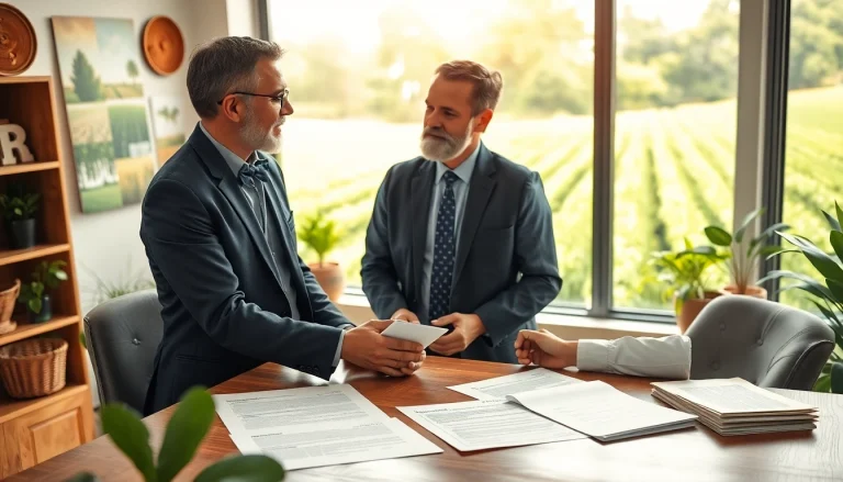 Consultation on agriculture law with a lawyer assisting a farmer in an office environment.