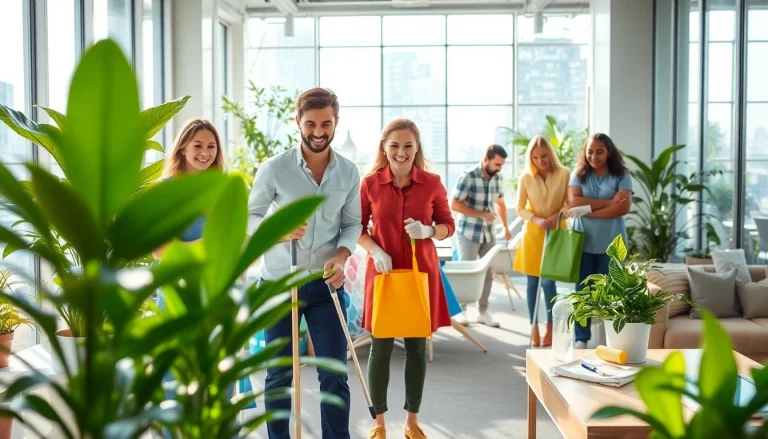Engaging office cleaning Melbourne scene with a diverse team at work cleaning an energetic corporate space.