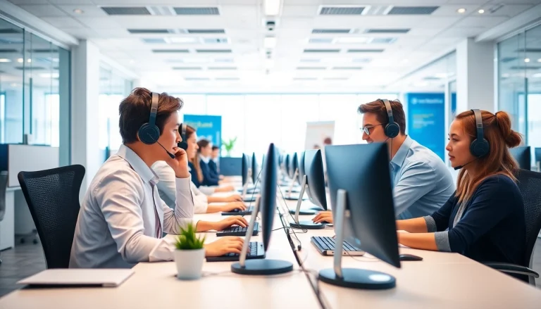 Explore Call Center Pricing through a vibrant call center environment with engaged agents at workstations.