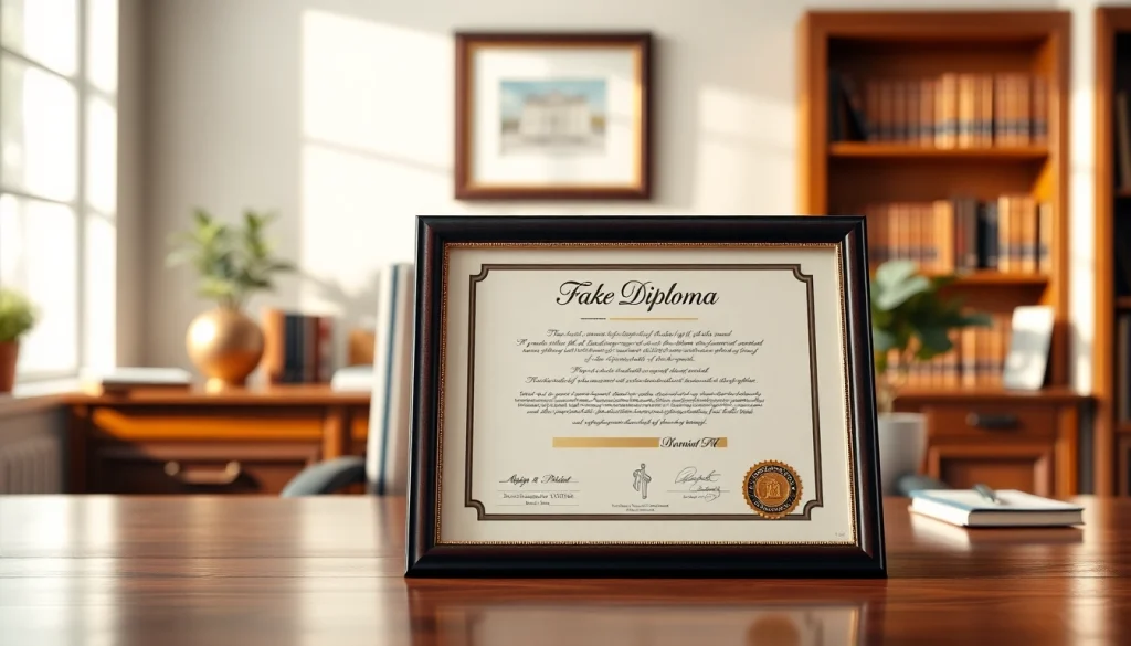 Buy diploma displayed in a professional office setting, showcasing quality craftsmanship and detail.