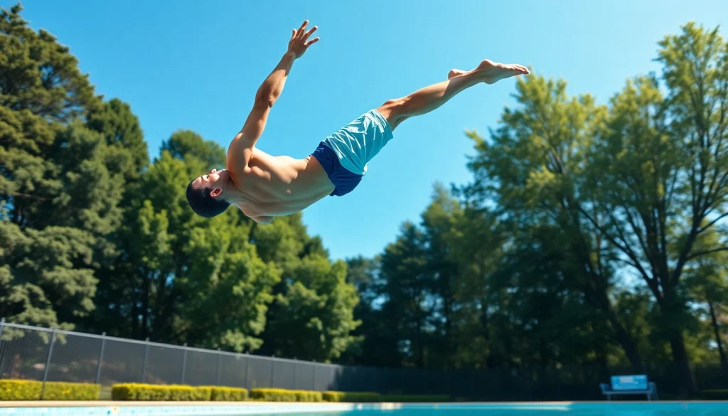 Gainer at a serene pool during an impressive dive showcasing technique and athleticism.