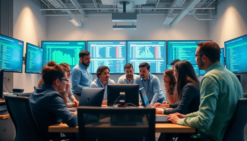 Site reliability engineering experts collaborating in a high-tech workspace around modern monitors.