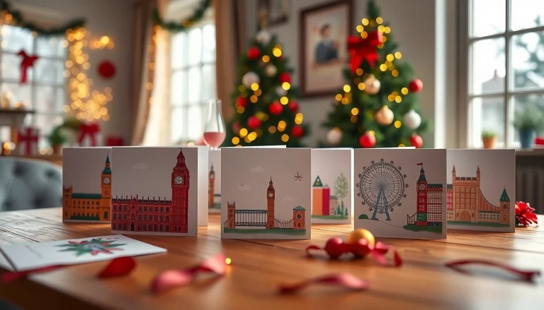 Personalised Christmas cards London displayed artistically on a festive table with warm lighting.