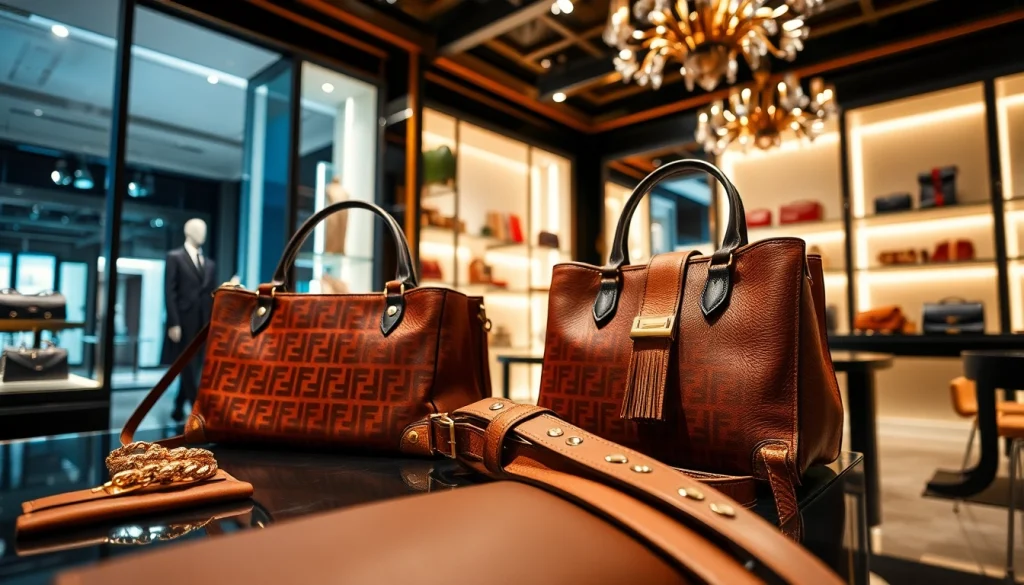 Showcasing Fendi mission statement through luxurious products in an elegant boutique setting.