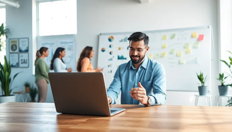 Launch successful startup by a determined entrepreneur collaborating in a modern office setting.