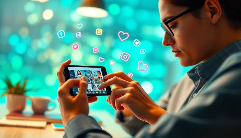 Effortlessly downloading an Instagram reel using a smartphone while surrounded by dynamic social media elements.