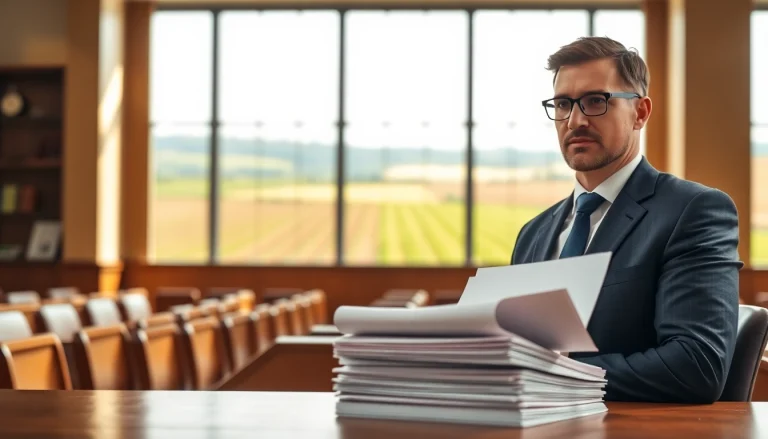 Engaging portrayal of agriculture law in action, showcasing a lawyer in a courtroom.