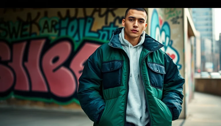 Model showcases an Oversize Puffer Jacket in an urban environment, emphasizing style and comfort.