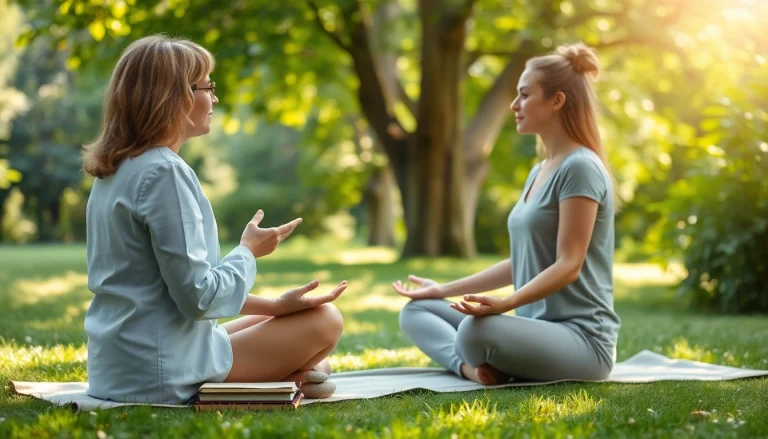 Therapist helping client dealing with anxiety in a serene outdoor setting