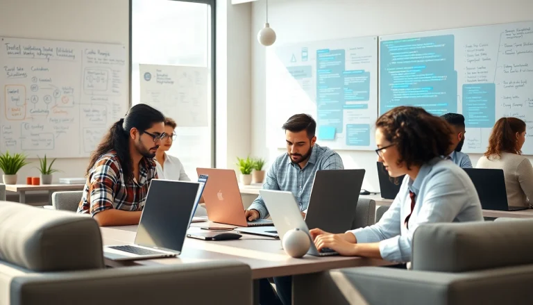 Web development team collaborating professionally in a modern office.