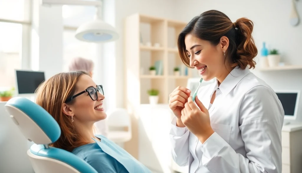 Promoting hygiene through a dental hygienist's expert demonstration of oral care techniques.