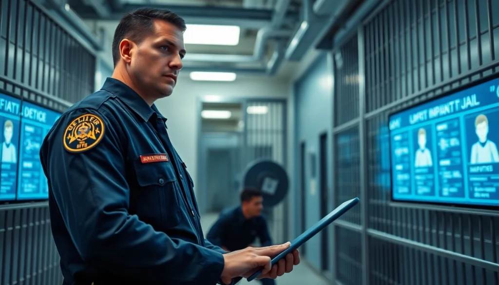 Search for whos in jail oc with a law enforcement officer in a modern jail setting.