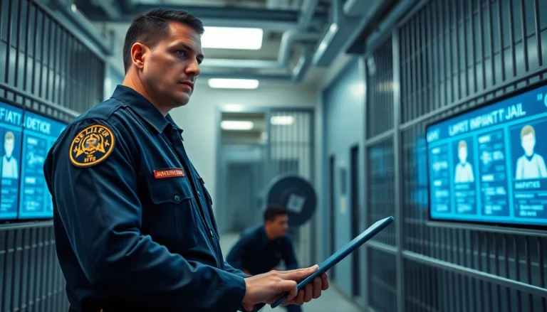 Search for whos in jail oc with a law enforcement officer in a modern jail setting.