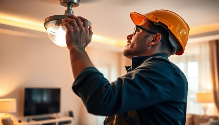 Showcasing an Electrical Service expert installing a ceiling light fixture in a bright living room.