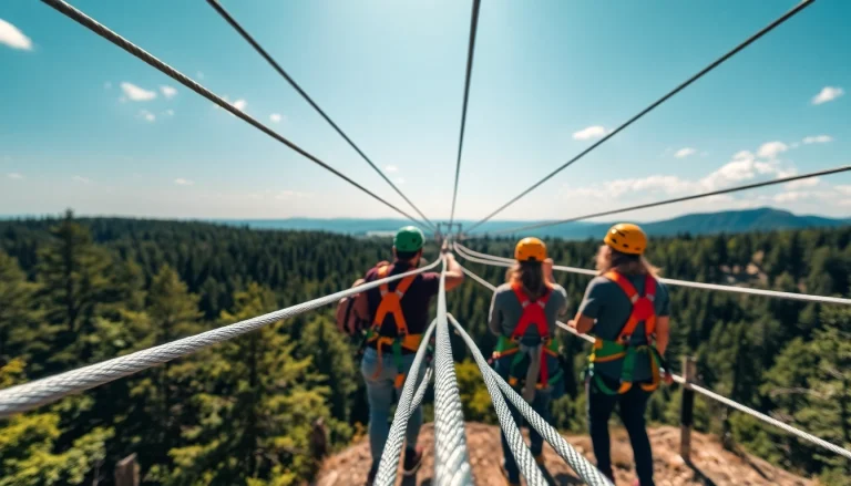 Exciting ZIP WIRE KIT setup in an outdoor adventure park with participants gearing up.