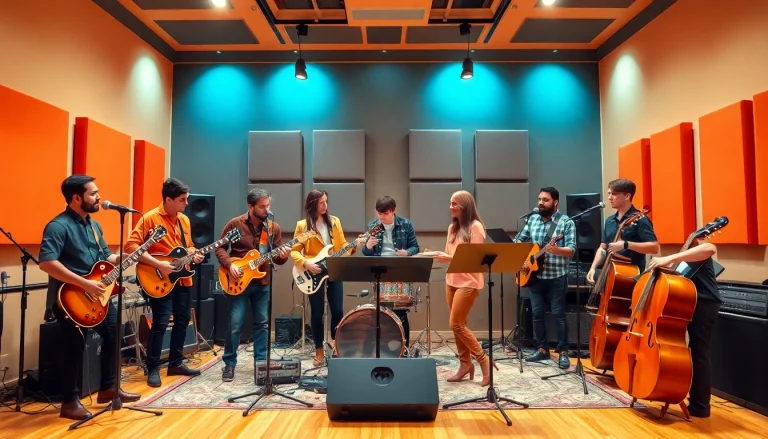 Utilizing music promotion services, musicians collaborate in a vibrant studio setting.