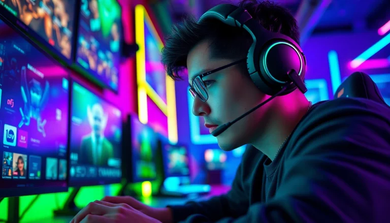 Jelajahi dunia game online dengan gamer profesional di lingkungan futuristik.