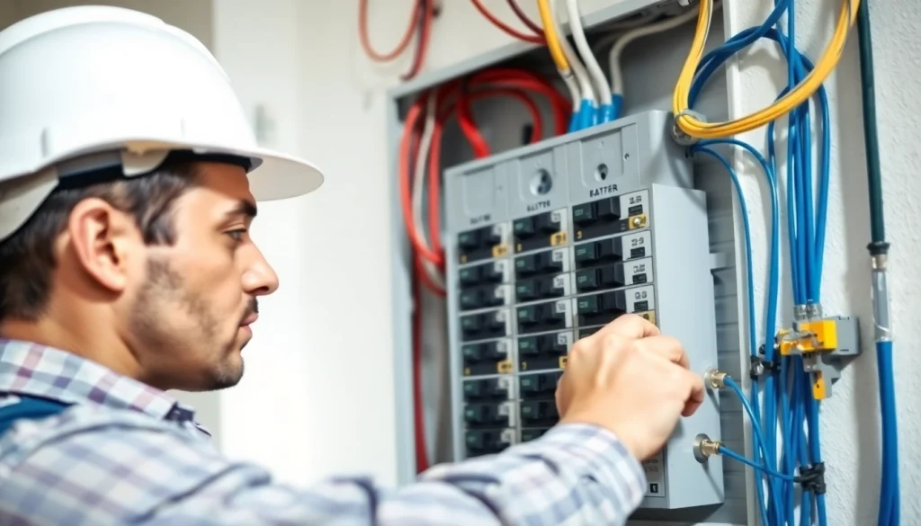 Installing Electrical Service in a residential setting, featuring an electrician working focused on a circuit breaker panel.