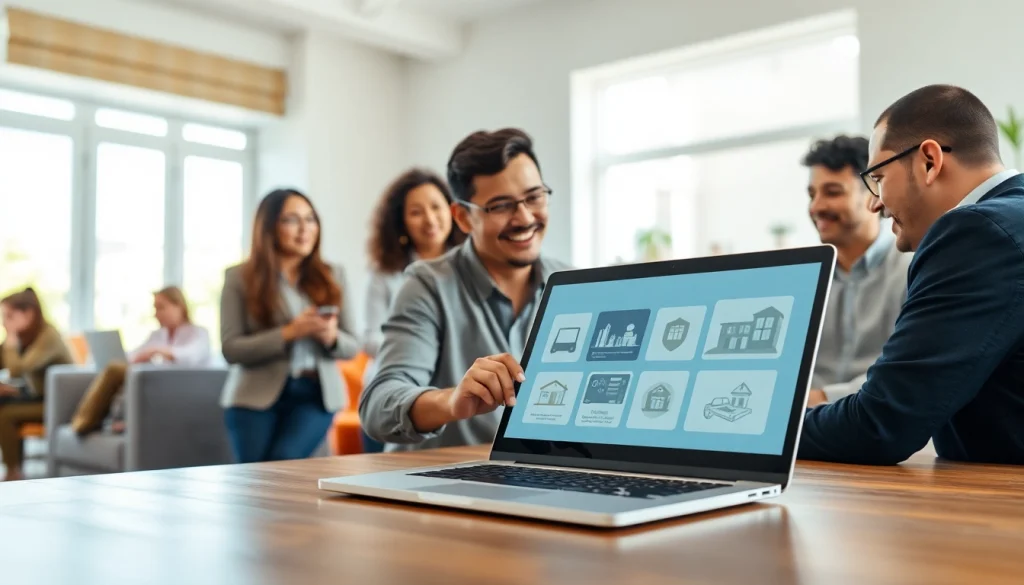 Showcasing short-term rental ai software in use by a diverse team in a bright, modern workspace.