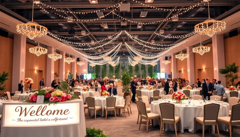 Host an event at the stunning city venue event center, showcasing elegant decor and a festive atmosphere.