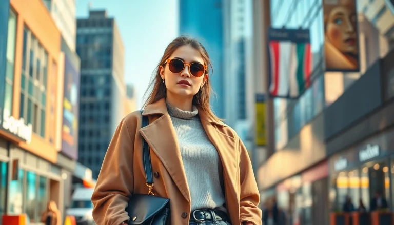 Model showcasing stylish clothing from north fashion in a vibrant urban setting
