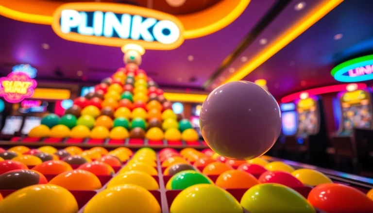 Memenangkan permainan plinko slot yang seru dalam suasana kasino yang berwarna-warni.