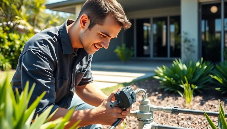 Technician performing termite reticulation system refills on an elegant home landscape.