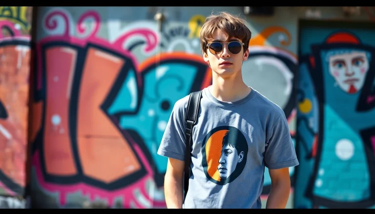 Stylish model showcasing a unique john lennon t shirt against a vibrant graffiti backdrop.