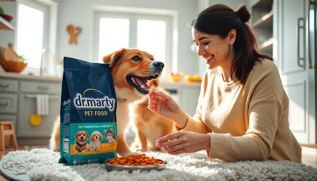 Happy dog enjoying dr marty pet food canada in a warm kitchen setting with cheerful owner.