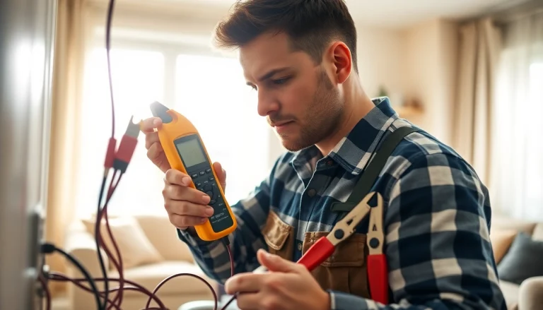 Electrician Clearwater performing electrical work in a cozy home, showcasing expertise and professionalism.