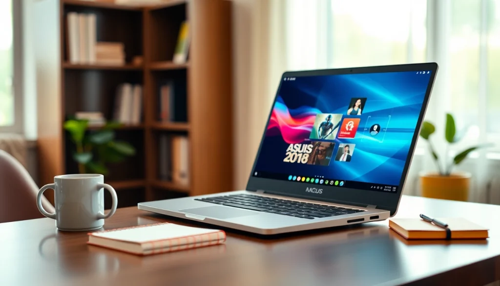 Showcase of an Asus Laptop in a cozy workspace with vibrant graphics on the display.