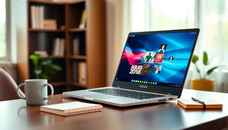 Showcase of an Asus Laptop in a cozy workspace with vibrant graphics on the display.
