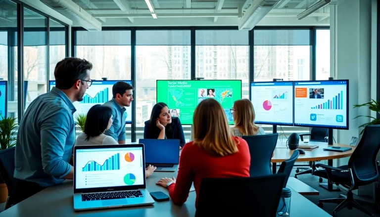 Engaged digital marketing team strategizing edmonton social media marketing in a bright office.
