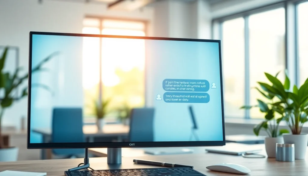 Engaging AI chat bot conversation displayed on a modern screen in a welcoming office.