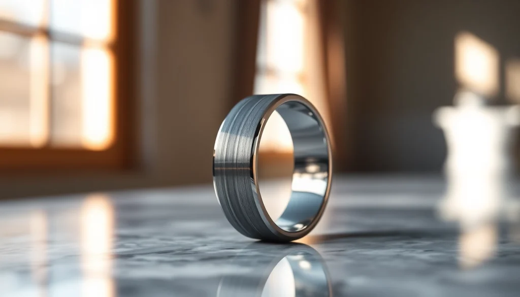 Showcase of a tungsten wedding ring highlighting its unique design and finish.