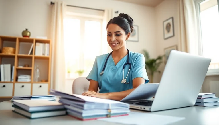Complete online rn ceus course in a bright, professional home office environment.