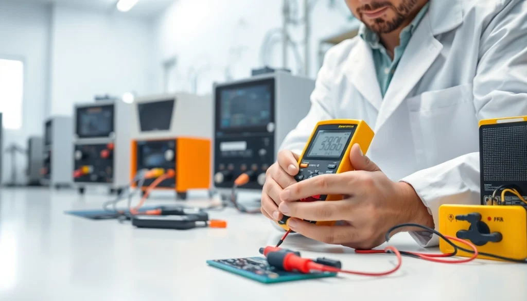 Electrical Testing technician performing tests with advanced equipment in a modern lab setting.